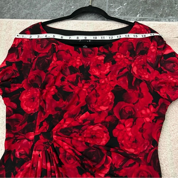 Connected Apparel Faux Wrap Dress Flutter Sleeves Red and Black Floral Size 14P - Picture 6 of 12